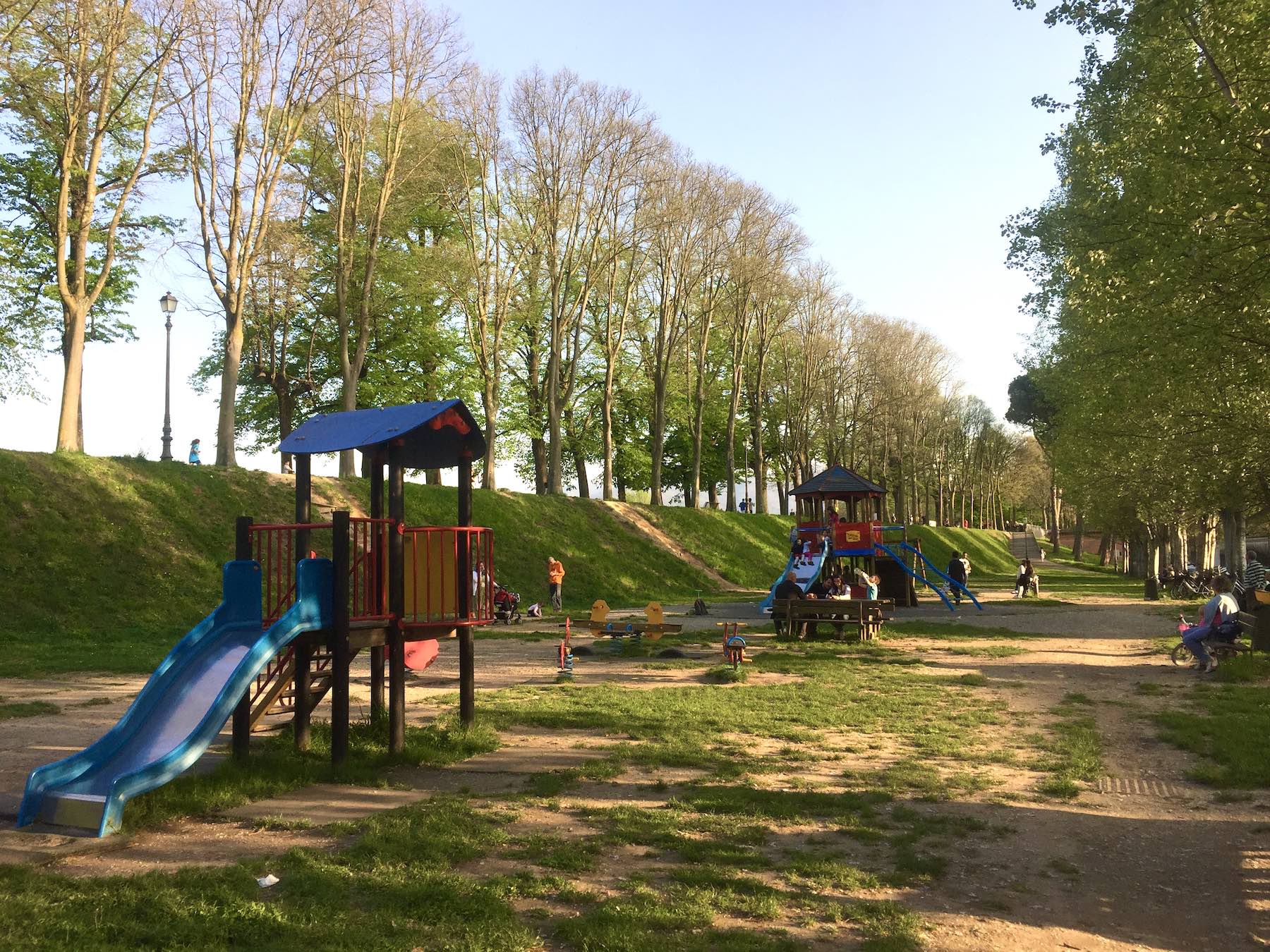 The playground near Porta Elisa, with the Walls of Lucca in the background