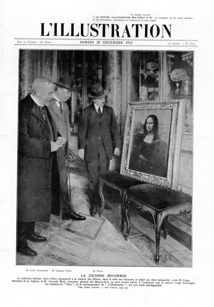 Giovanni Poggi, Corrado Ricci, and Luigi Cavenaghi in front of the recovered painting (source: "L’Illustration", December 20, 1913).