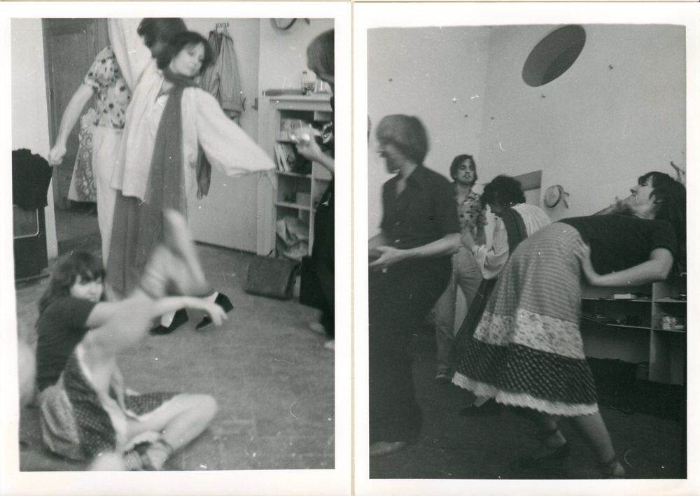 Two archival photographs from 1977 showing Villa Romana residents engaged in collective artistic and movement-based activities inside the studio.