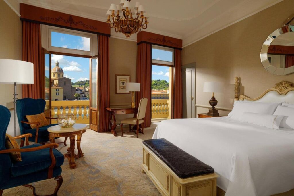 The 7 Best Luxury Hotels in Florence 33 Luxurious guest room at The Westin Excelsior Florence with elegant furnishings and stunning Florence views.