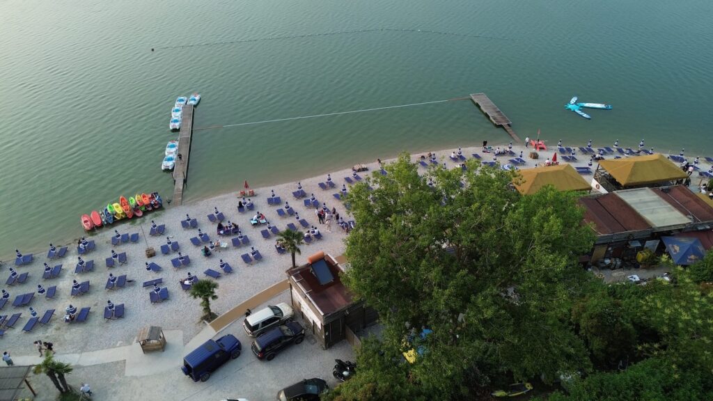 Drone photo of Bahia Café at Lago di Bilancino, taken at sunset on Sunday, June 8, 2025.