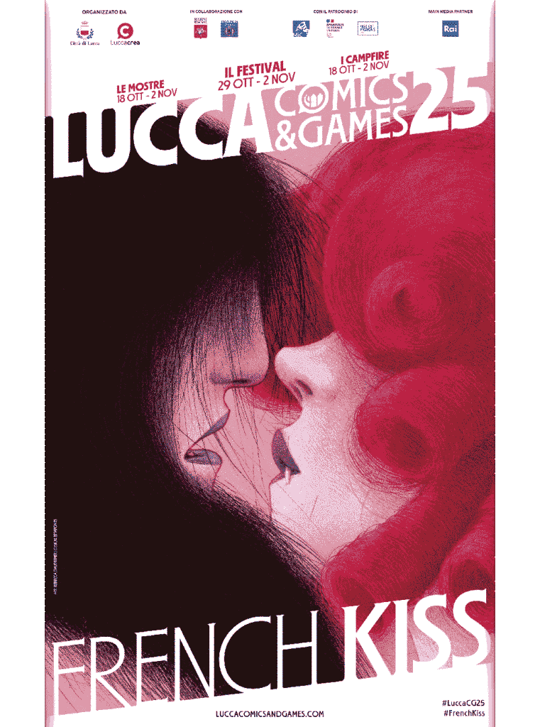 Official poster for Lucca Comics & Games 2025 featuring the “French Kiss” theme illustrated by Rébecca Dautremer.