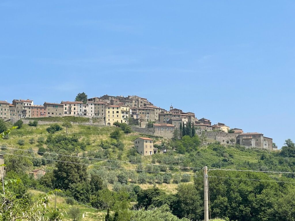 View of Chiusdino, a medieval hilltop village in Tuscany, birthplace of San Galgano.