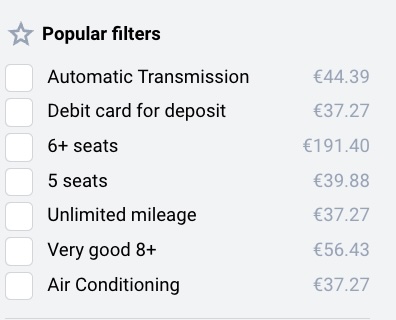 Screenshot of Discover Cars filter options with estimated daily prices: automatic transmission (€44.39), debit card for deposit (€37.27), 6+ seats (€191.40), and more. Prices are subject to change based on booking dates and rental length.