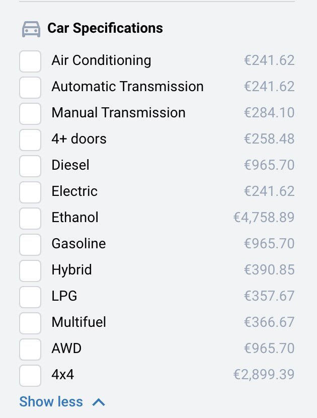 Car specification filter on Discover Cars with options like diesel, electric, hybrid, automatic transmission, and 4x4, along with estimated rental prices.