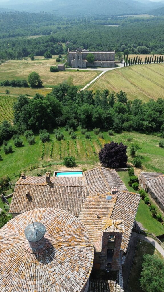 Aerial view of San Galgano Abbey and Montesiepi Chapel in Tuscany.