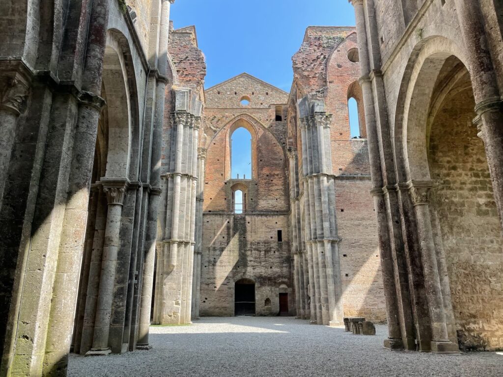 Interior of the roofless San Galgano Abbey in Tuscany.