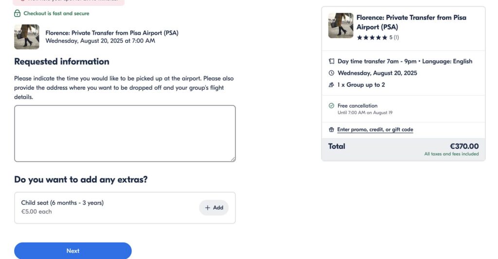 Screenshot of GetYourGuide booking page for a private transfer from Pisa Airport to Florence, priced at €370 for two passengers, with details including date, time, language, free cancellation policy, and optional child seat.