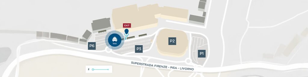Illustrated map of Pisa Airport highlighting the official taxi pick-up area located just outside the main terminal exit, near parking areas P2, P3, and P6, with access to the Firenze–Pisa–Livorno highway.