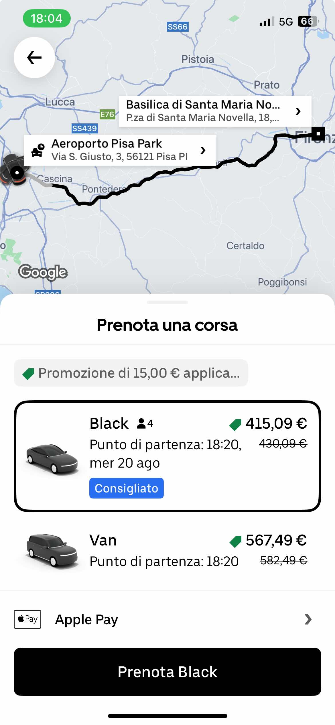 Screenshot of Uber app showing fare estimates from Pisa Airport to Florence Santa Maria Novella for August 20, 2025: €415.09 for a Black car option and €567.49 for a Van, with a €15 promotion applied.