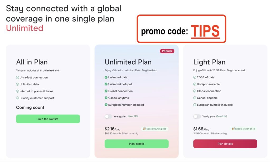 Holafly Plans: Unlimited Global eSIM for Travelers 1 Holafly Plans - promo code TIPS