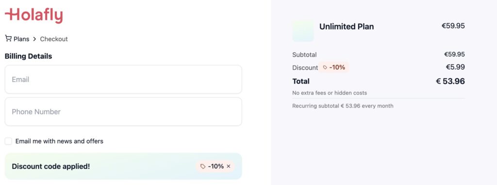 Holafly checkout screen for an Unlimited Plan showing a 10% discount applied, reducing the total from €59.95 to €53.96.