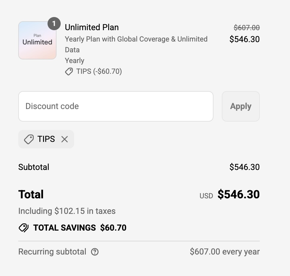Holafly Plans: Unlimited Global eSIM for Travelers 2 Screenshot of Holafly Unlimited Yearly Plan checkout showing discounted price of $546.30 instead of $607.00 with promo code TIPS applied.