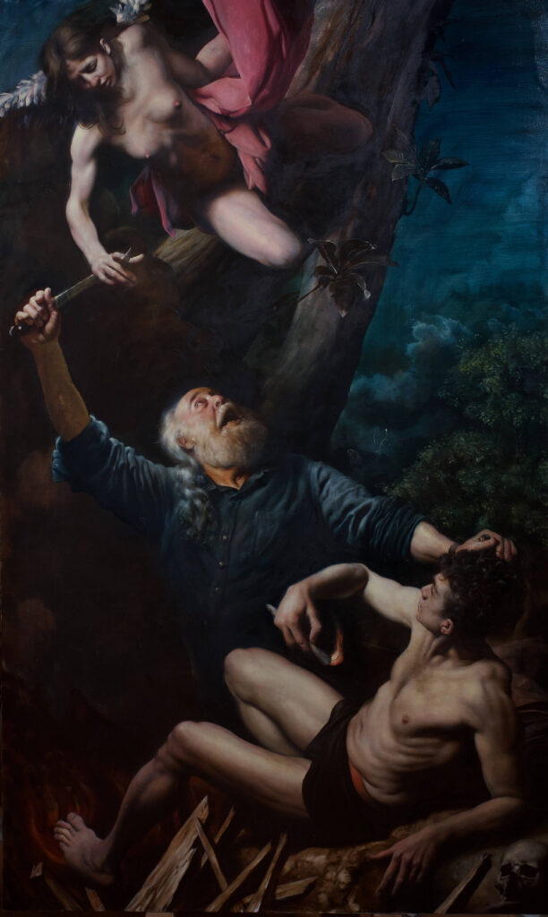 Oil painting by Adam Miller depicting the dramatic biblical scene of Abraham about to sacrifice Isaac, interrupted by an angel, created for The Path to Paradise exhibition in Florence.