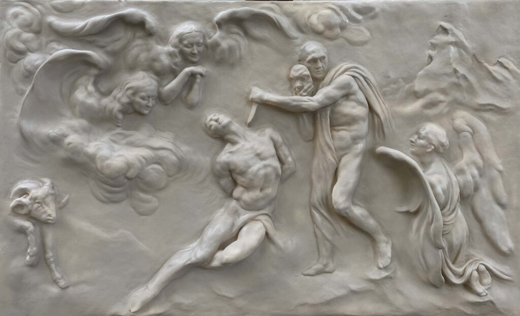 Bas-relief sculpture by Allison Baxter depicting the biblical scene of Abraham and Isaac, reinterpreted for The Path to Paradise exhibition in Florence.