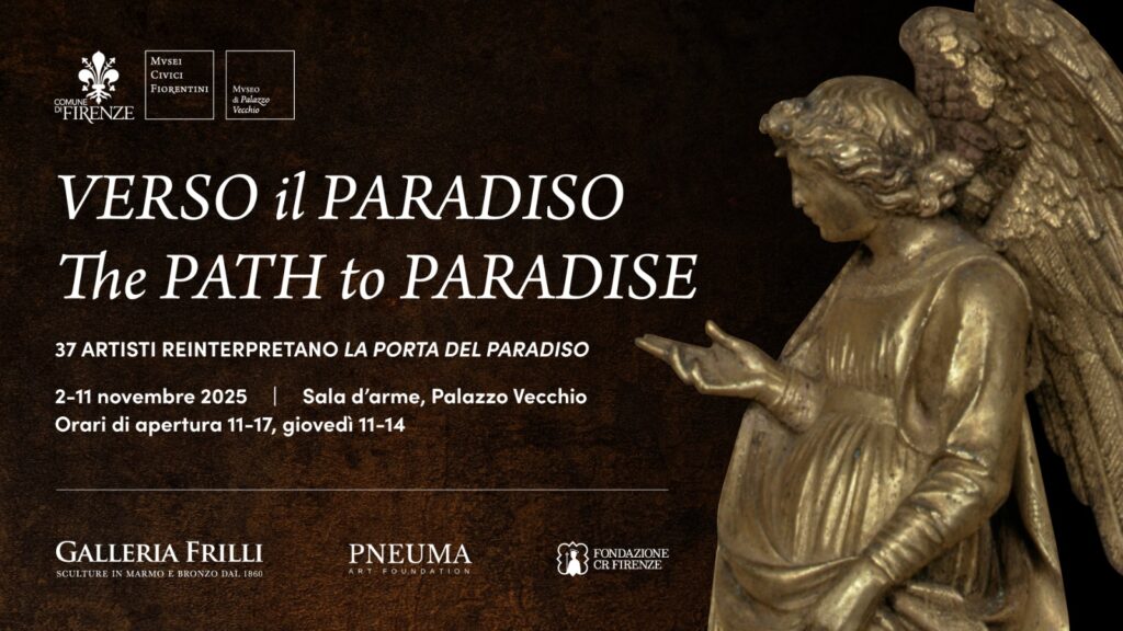 Promotional image for The Path to Paradise exhibition, showing a golden angel sculpture and event details: Palazzo Vecchio, November 2–11, 2025.