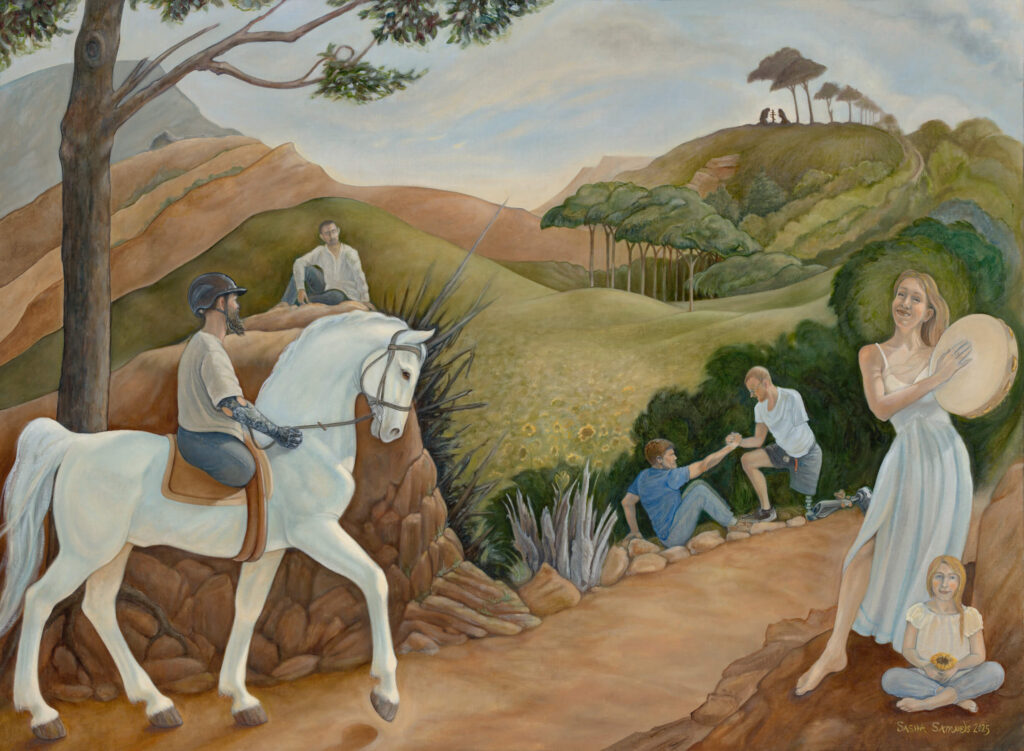 Oil painting by Sasha Samuels reinterpreting the biblical story of Cain and Abel in a serene landscape, created for The Path to Paradise exhibition in Florence.