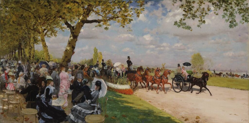 Belle Époque in Pisa: Italian Painters in Paris at Palazzo Blu 1 Painting by Giuseppe De Nittis showing a lively scene with elegantly dressed people gathered under trees as horse-drawn carriages pass along a sunlit avenue.