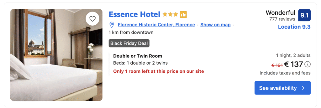 Bright room at Essence Hotel Florence available with Black Friday discounts.