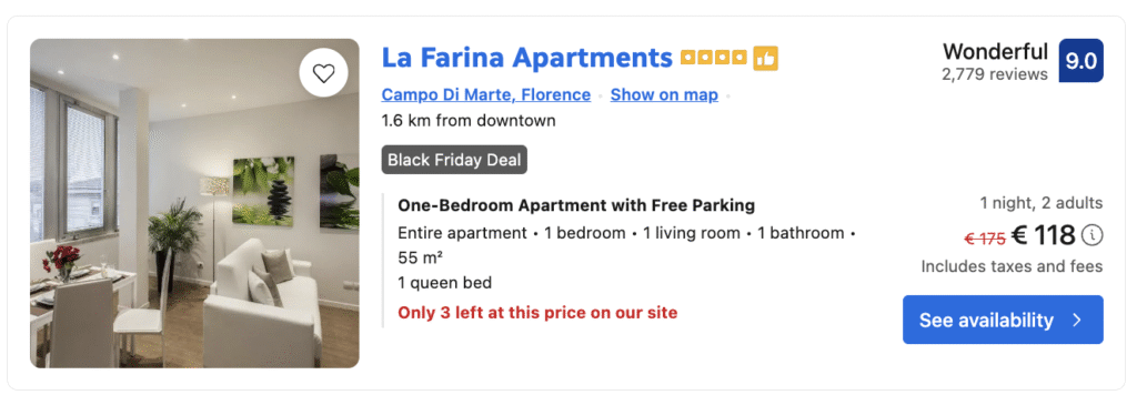 Exterior view of La Farina Apartments in Florence during Black Friday hotel promotions.