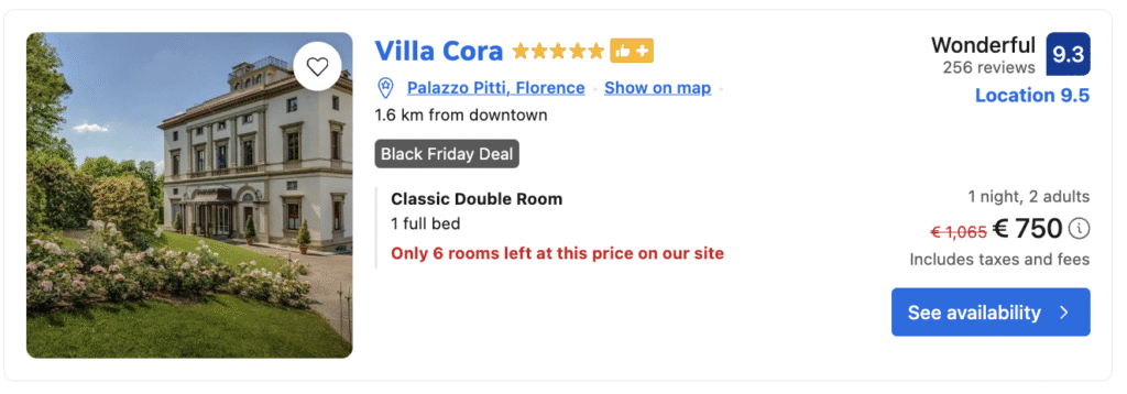 Elegant facade of Villa Cora, a luxury five-star hotel in Florence included in Black Friday offers.