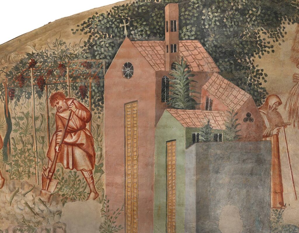 The Thebaid in Siena: A Hidden Gem of Medieval Art Reopens at Santa Maria della Scala 2 Fresco detail showing a monk digging in a garden beside a small monastery building, part of The Thebaid cycle restored at Santa Maria della Scala in Siena.