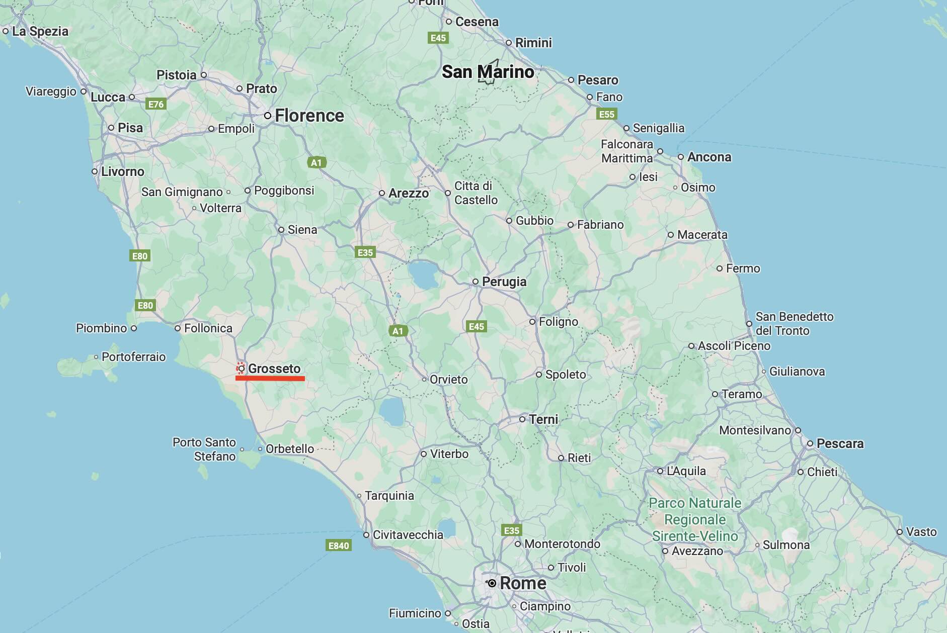 Map of central Italy highlighting the city of Grosseto in southern Tuscany.