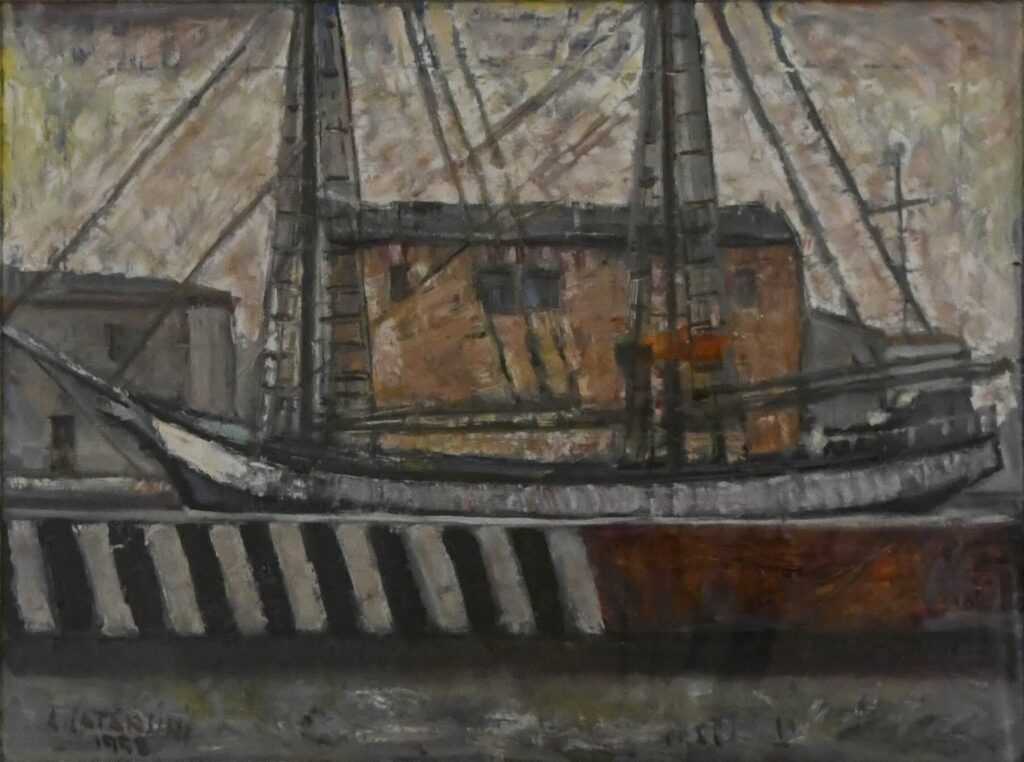 Painting of a moored sailboat by Alfredo Catarsini, Veliero all’ormeggio (1958).
