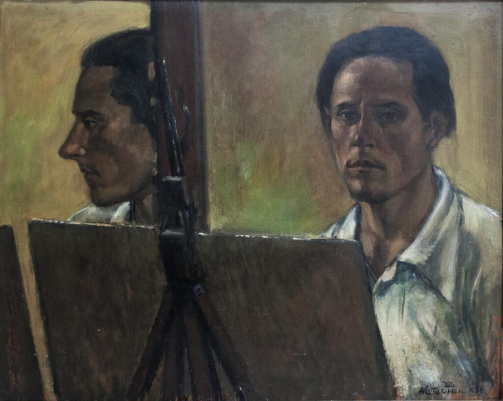 Double self-portrait painting by Alfredo Catarsini showing the artist facing forward and in profile.