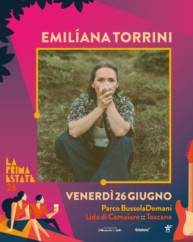 La Prima Estate 2026: the Tuscany festival that feels like a beach vacation 6 Emilíana Torrini poster (La Prima Estate 2026): Official festival poster featuring Emilíana Torrini for Friday, June 26, 2026 at Parco BussolaDomani in Lido di Camaiore, Tuscany.