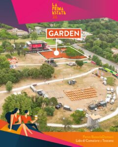 La Prima Estate 2026: the Tuscany festival that feels like a beach vacation 12 Garden area map (La Prima Estate 2026): Aerial view of Parco BussolaDomani in Lido di Camaiore, Tuscany, with the Garden ticket area highlighted near the main stage.