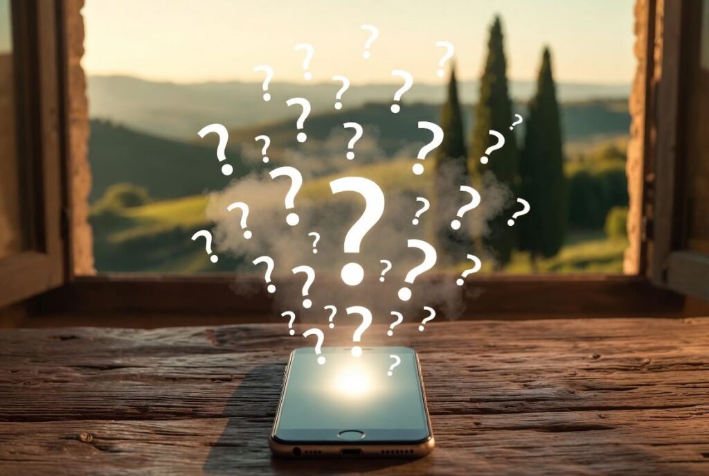 Smartphone lying on a rustic wooden table against a blurred Tuscan landscape background with cypress trees. A cloud of white question marks rises from the glowing screen and dissipates into the air, symbolizing the resolution of travel doubts and urgent questions. (AI-generated image)