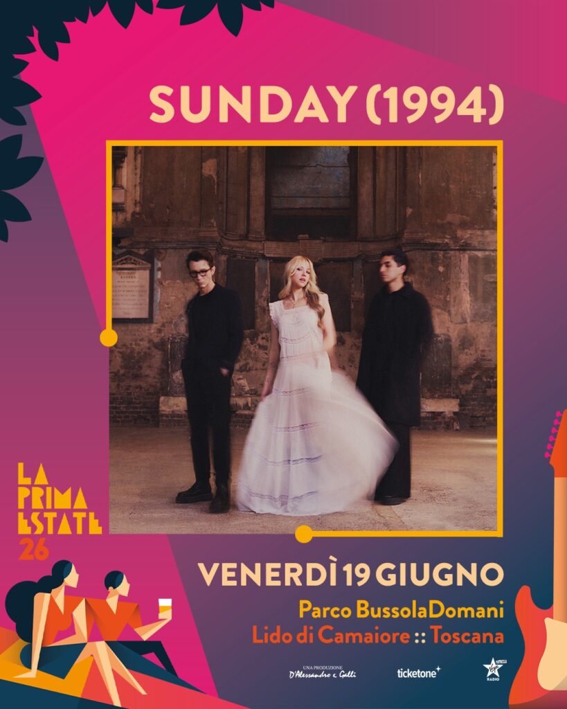 La Prima Estate 2026: the Tuscany festival that feels like a beach vacation 3 Sunday (1994) poster (La Prima Estate 2026): Official festival poster featuring Sunday (1994) for Friday, June 19, 2026 at Parco BussolaDomani in Lido di Camaiore, Tuscany.