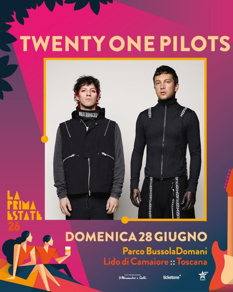 La Prima Estate 2026: the Tuscany festival that feels like a beach vacation 10 Twenty One Pilots poster (La Prima Estate 2026): Official festival poster featuring Twenty One Pilots for Sunday, June 28, 2026 at Parco BussolaDomani in Lido di Camaiore, Tuscany.