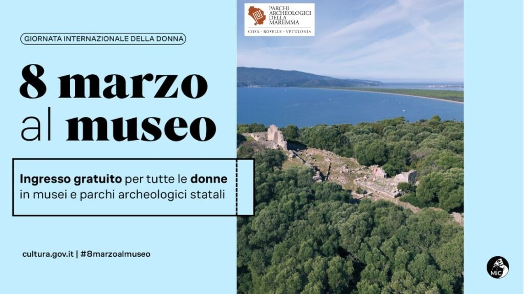 Official banner of the Maremma Archaeological Parks showing an aerial view of the ancient ruins of Roselle with a lake in the background, promoting free admission for women on March 8 at state museums and archaeological parks in Italy