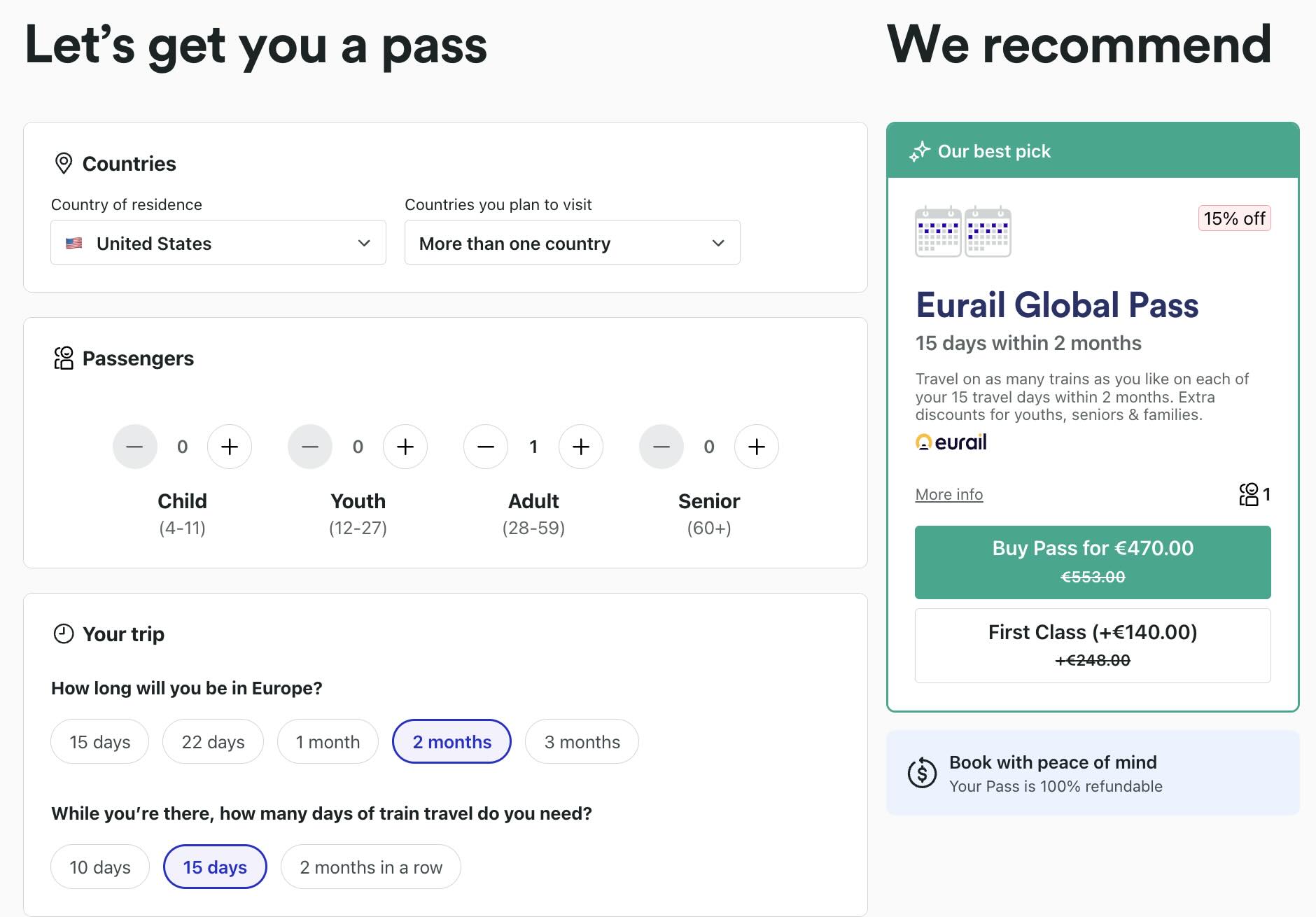 Trainline booking screen showing a discounted Eurail Global Pass for 15 travel days within 2 months in Europe.