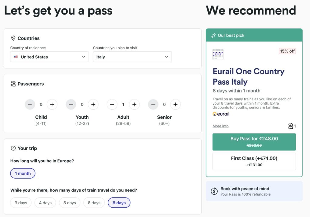 Trainline booking screen showing a discounted Eurail One Country Pass Italy for 8 travel days within 1 month.