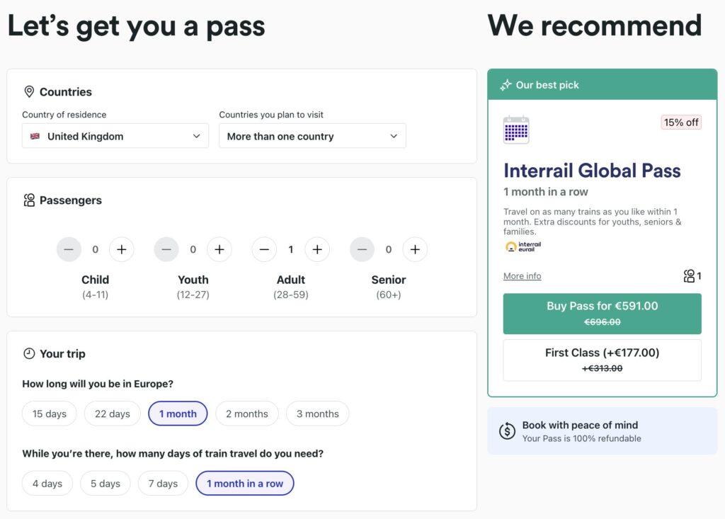 Trainline booking screen showing a discounted Interrail Global Pass for one month of train travel across multiple European countries.