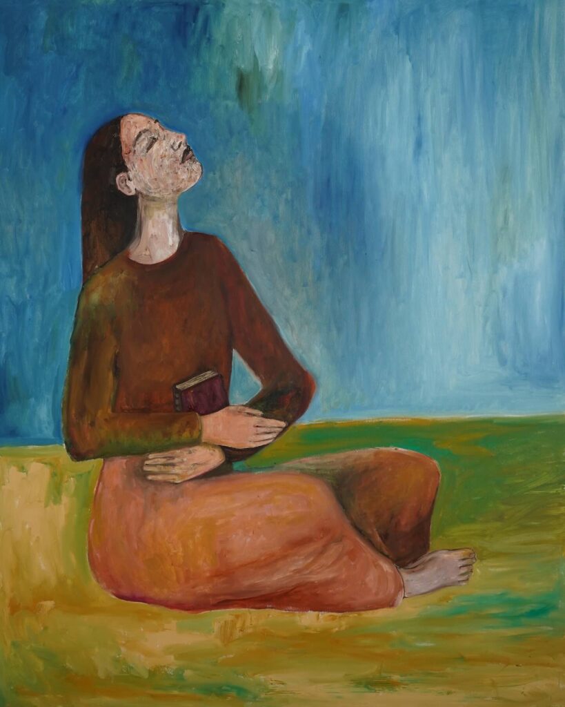 Painting by Serena Nono shows a seated female figure looking upward while holding a small book, set against a blue background with green and yellow tones in the landscape.