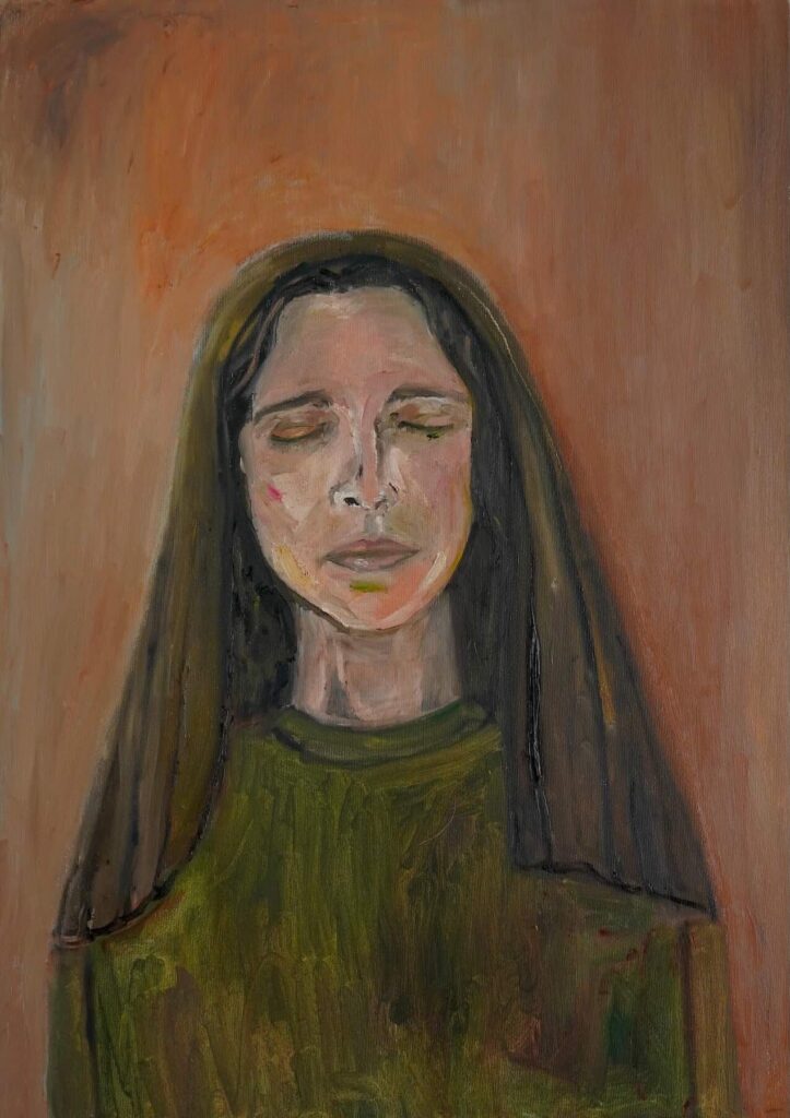 Portrait painting by Serena Nono shows a female figure with closed eyes, dark veil, and green garment against a soft pink background.
