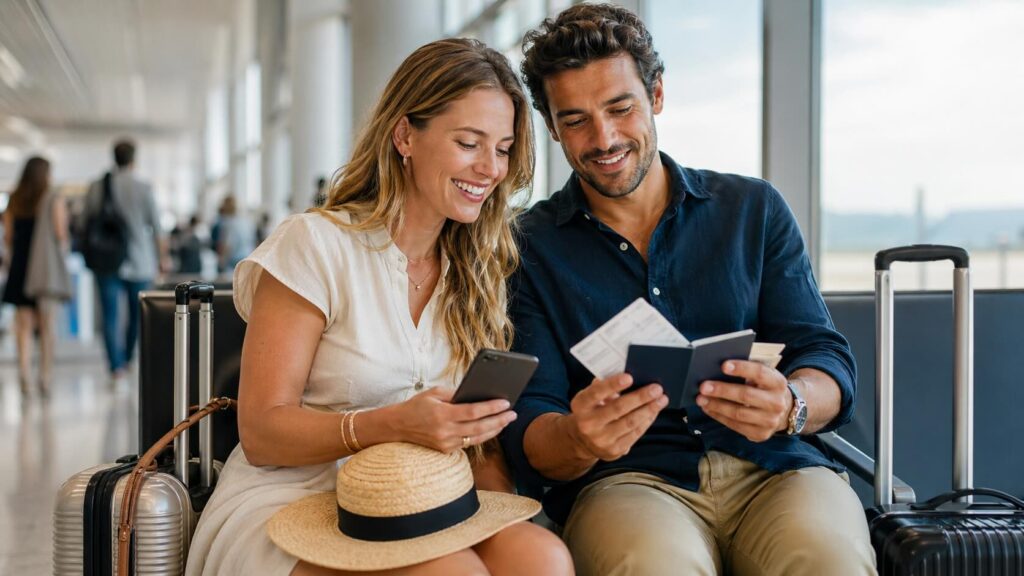 American woman and Italian man sit in an airport terminal with carry-on luggage, passport and boarding passes while preparing for a summer flight from Italy to the United States.