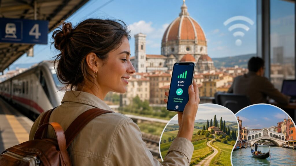 Horizontal illustration of a female traveler at an Italian train station holding a smartphone showing an active eSIM connection, with Florence’s Duomo in the background, a train platform, a Wi-Fi symbol, and inset scenes representing the Tuscan countryside and Venice. AI-generated illustration.