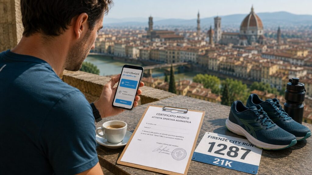 Runner checking a RunCard registration screen with a sports medical certificate, race bib and running shoes before signing up for a running race in Italy.
