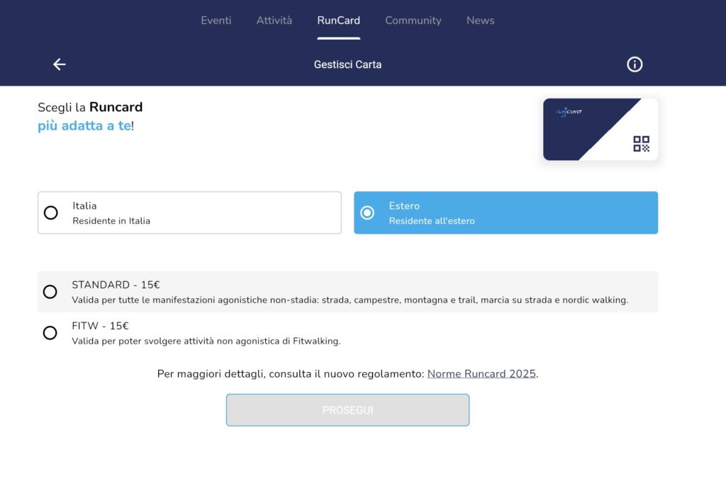 RunCard registration screen for runners living abroad, showing annual card options for running races in Italy.