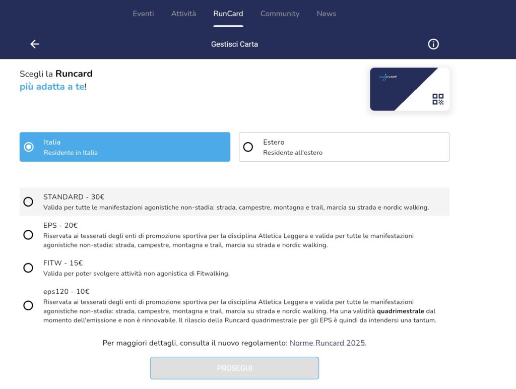 RunCard Italy registration screen with card options and prices for residents signing up for running races in Italy.