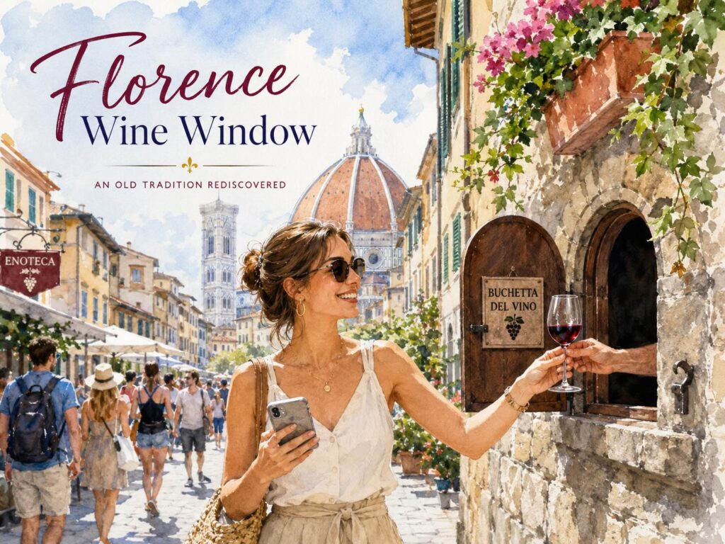 Florence Wine Windows: How a Forgotten Tradition Became an Instagram Attraction 6 Florence Wine Windows: How a Forgotten Tradition Became an Instagram Attraction - Watercolor illustration generated by IA of a modern tourist receiving a glass of red wine through a historic wine window in Florence, with the Duomo in the background.