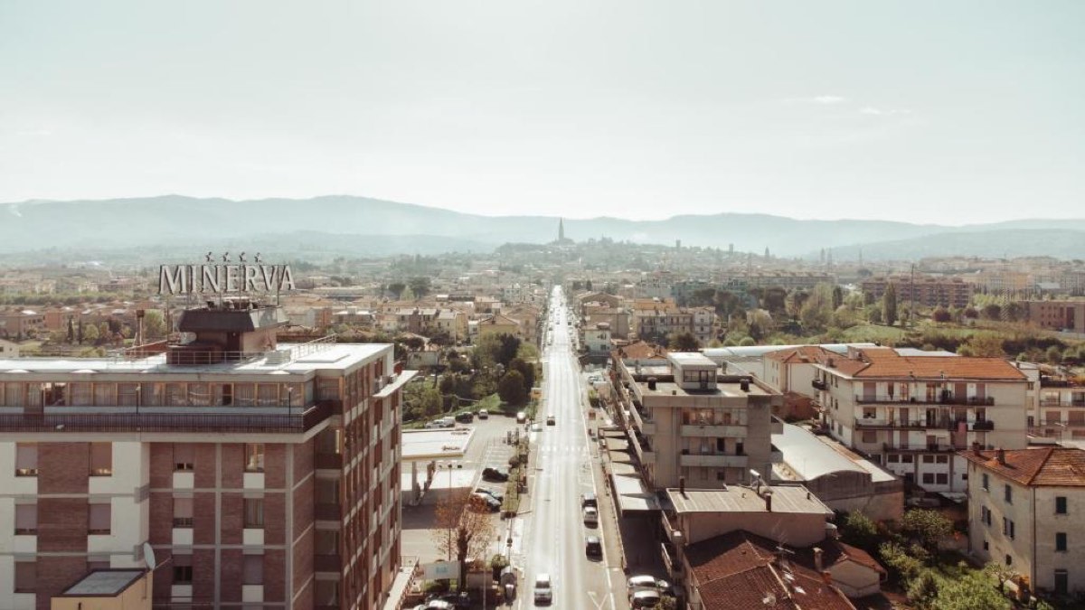 Best Arezzo Hotels for a Memorable Stay in Tuscany 30 Aerial view of Hotel Minerva and the avenue leading into Arezzo