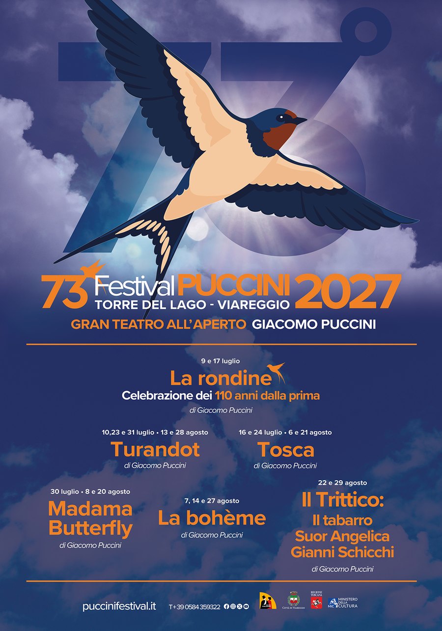The 73rd Puccini Festival in Tuscany: Dates and Tickets for 2027 1 Official poster of the 73rd Puccini Festival 2027 at Torre del Lago with the 2027 opera dates