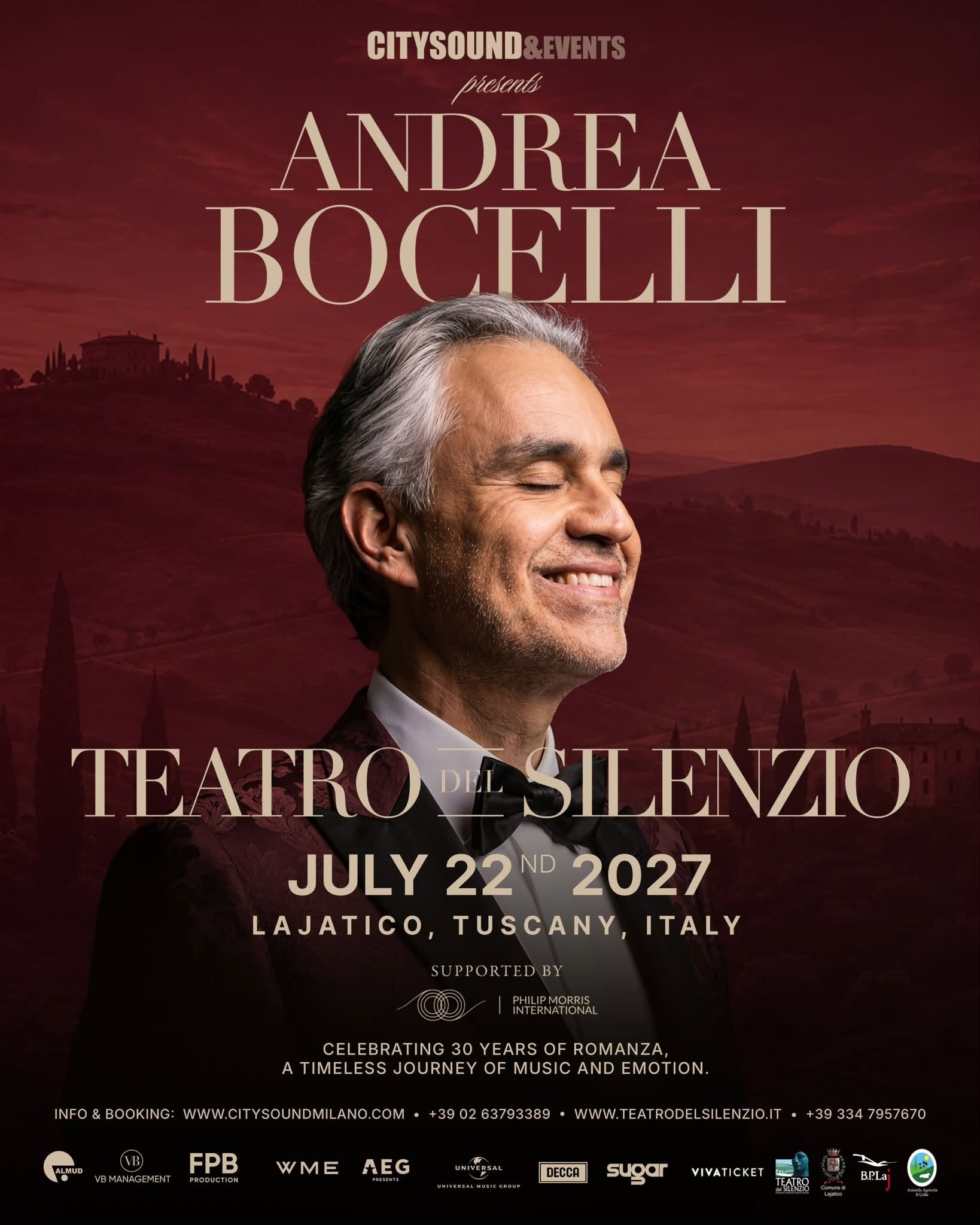 Andrea Bocelli in Tuscany 2027: Two Dates, Tickets and Tips 1 Official poster for Andrea Bocelli at Teatro del Silenzio 2027 on July 22 in Lajatico, Tuscany