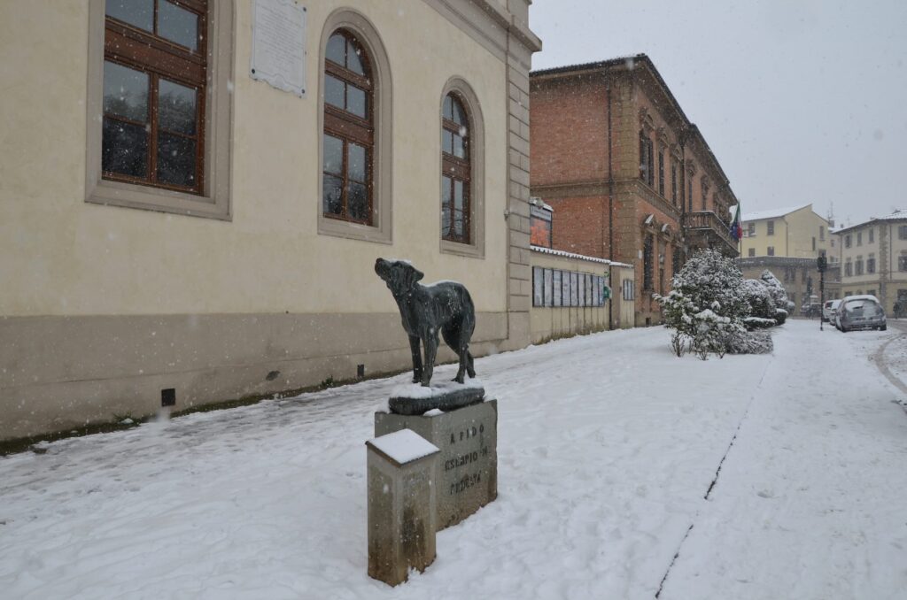 Fido's Statue in Borgo San Lorenzo: The Story of Tuscany's Most Loyal Dog 2 Bronze statue of the dog Fido covered in snow in Piazza Dante, Borgo San Lorenzo